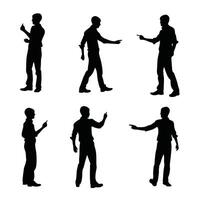Silhouette Set Of Young Man In Various Poses Pointing And Gesturing On White Background vector