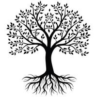 Silhouette Tree Illustration With Branches Leaves And Roots On White Background vector