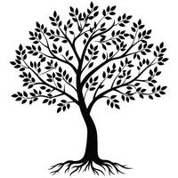 Tree Silhouette Illustration With Roots And Branches On White Background vector