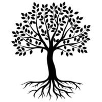 Silhouette Illustration Of A Tree With Roots And Leaves On White vector