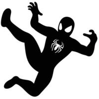 negro silueta de un superhéroe pateando acción actitud con araña emblema diseño vector