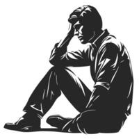 Silhouette Of Depressed Man Sitting On The Floor Feeling Sad And Lonely vector
