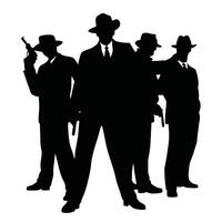Silhouette Of Gangsters With Guns In Suits And Hats On White Background vector
