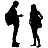 Silhouette Of Students Discussing With Backpacks Isolated On White Background Illustration vector