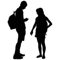 Silhouette Of Students With Backpacks Using Mobile Phone On White Background vector
