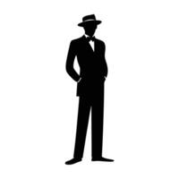 Silhouette Of A Man In Suit And Hat Standing In Classic Pose vector