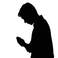 Silhouette Of Man Looking Down At His Hands Isolated On White Background vector