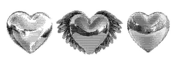 Grunge pixelated heart set with chrome and halftone textures. Retro Y2K aesthetic with cosmic and futuristic elements. Vintage tattoo-style stickers, love patterns, and glitch effects vector
