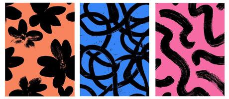 Abstract brush paint background set. Vintage grunge texture. Retro poster collection with geometric patterns, scribbles, and floral elements in blue, orange, and pink vector