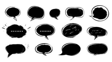 Hand-drawn speech bubble set. Grunge illustration with chalk, charcoal, and watercolor textures. Comic-style dialogue and chat icons with abstract shapes. vector