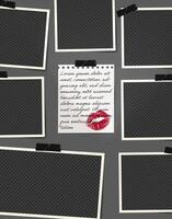 Photo frame collage with lips and kiss note. Retro scrapbook paper design featuring a square layout and border for album or poster on cement wall background. vector