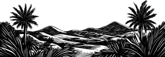Vintage woodcut depiction of a tranquil desert oasis surrounded by lush palm trees vector