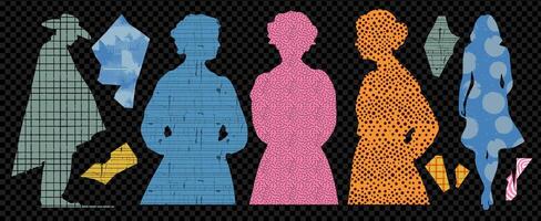 Collage of colorful paper silhouette of cowboy man and woman. Torn pieces with dot and line grid texture. Cutout element set on transparent background. vector
