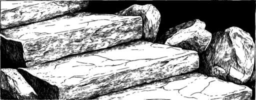 Vintage woodcut depiction of rough stone steps leading into darkness vector