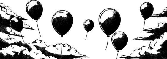 Vintage woodcut illustration featuring a cluster of balloons floating amidst clouds vector
