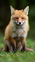 Cinematic closeup of a wild fox sitting still in a forest clearing with soft slowmotion feel and natural textures in a serene wildlife moment video
