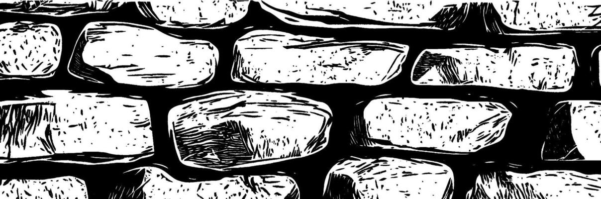 Vintage woodcut illustration of a textured weathered brick wall in monochrome style
