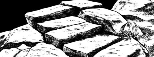 Vintage woodcut illustration of rough stone steps creating a natural pathway vector