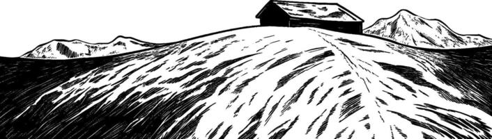 Snow-covered hill with a rustic cabin surrounded by mountains in winter vector