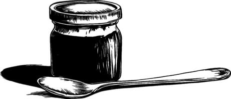 Vintage woodcut illustration featuring a jar of jam and a spoon on a simple surface vector