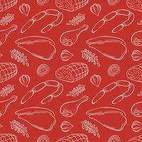 Seamless line art pattern of meat product including sausage, ham drumstick and herbs on red background. Perfect for butcher packaging, deli menu or culinary design. vector