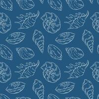 Seamless pattern with line art style sea shell on a blue background. Ideal for marine themed design, fabric packaging, wallpaper and summer or beach style project. vector