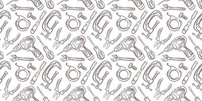 Seamless pattern of construction tool including drill, pliers, wrench, clamp and screwdriver in line art style on white background for industrial and repair design. vector