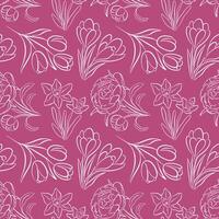 Seamless floral pattern with line art style spring flower including tulip, daffodil, crocus and peony on a pink background. Ideal for fabric wallpaper and stationery design. vector