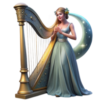 beautiful rustic Night Sky Harp Player Transparent Background with Flowing Gown high quality png