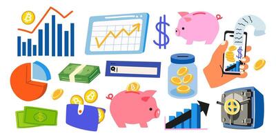 Cartoon stickers of business, finance and bitcoin business analytics. Data analytics. shapes of money, piggy bank, coins, diagram. Colorful patch, tag, stamp, label, badge for business vector