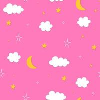 Simple seamless pattern with stars, moons and clouds on a pink background. graphics. vector