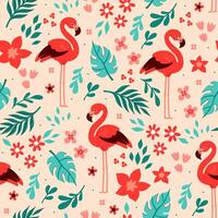Seamless pattern with red flamingos, tropical leaves and flowers. graphics. vector