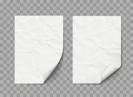 Crumpled wrinkled white paper sheet with bent corner, mockup isolated vector