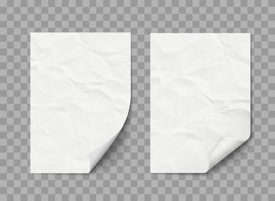 Crumpled wrinkled white paper sheet with bent corner, mockup isolated