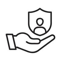 Hand Holding Shield with Person Icon Outline, Hand holding a shield with checkmark. Insurance and protection concept editable stroke outline icon isolated on white background vector