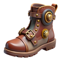 inspired organic Photorealistic, ultra-detailed professional render of a single steampunk boot with intricate buckles, gears, and leather straps Isolated cutout with Transparent Background 4K png
