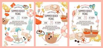 Summer picnic party invitation template set. Picnic basket with chaise longue, shells and swimsuit against a vibrant summer beach backdrop. Flat illustration. vector