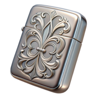 hypnotic reflective traditional Photorealistic professional render isolated cutout of an Art Nouveau cigarette case, silver, enamel inlay, floral motif, with Transparent Background museum quality png