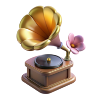 impressive whimsical renaissance Professional render, concept art style, isolated cutout of a floating, antique gramophone playing a single, wilting flower with Transparent Background ultra HD png