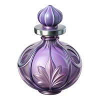 ethereal wonderful Ultra-detailed, isolated cutout of an Art Nouveau perfume bottle, slender glass with a stylized floral stopper, pale amethyst color with Transparent Background original png