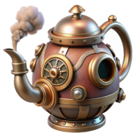 impressive organic Steampunk teapot with a steam vent and intricate detailing with Transparent Background masterfully captured png