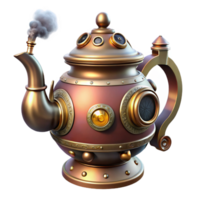 serene signature Steampunk teapot with a steam vent and intricate detailing with Transparent Background png