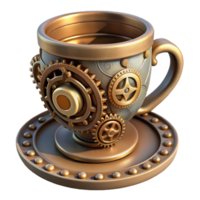 passionate picturesque Steampunk teacup with gears and intricate detailing on the saucer with Transparent Background precision png