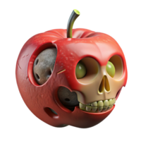 immaculate nordic Professional render, isolated cutout of a hyper-specific, decaying apple with a miniature human skeleton visible inside with Transparent Background top-tier png