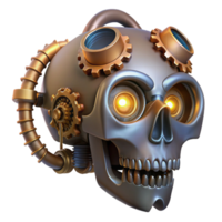 fascinating acclaimed Steampunk skull with gears, pipes, and glowing LEDs with Transparent Background png