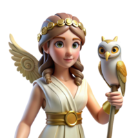 magnificent playful elegant Athena, Goddess of Wisdom, holding owl, with Transparent Background high resolution png