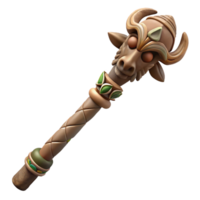 serene mysterious art deco Hyper-specific, professional render of a tribal elder's weathered wooden staff with carved animal totems with Transparent Background museum quality png