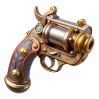 exquisite surreal Steampunk pistol with ornate engravings and pearl grips with Transparent Background detailed png