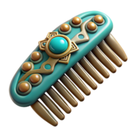 whimsical serene Concept art style, isolated cutout of a tribal woman's decorative comb carved from bone and inlaid with turquoise with Transparent Background genuine png