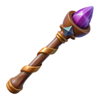 iconic surreal Photorealistic, ultra-detailed isolated cutout of a single, gnarled wooden wand with embedded crystals, professional render with Transparent Background top-tier png